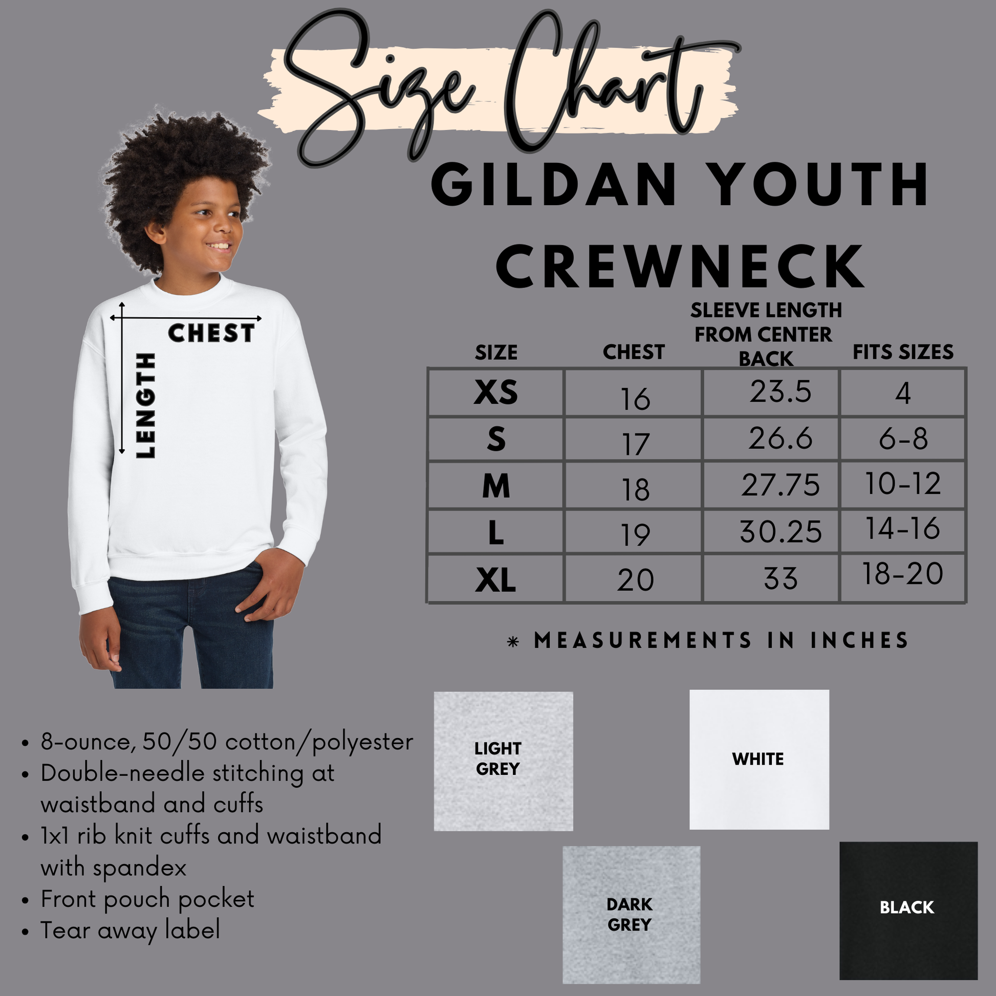 The image is a size chart for a crewneck crew shirt, showing measurements and corresponding crew neck sizes for different age groups.