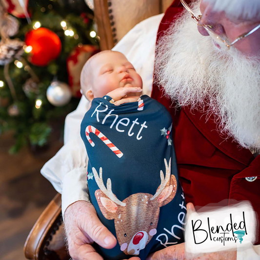 Personalized Baby Name Swaddle - Reindeer & Candy Canes