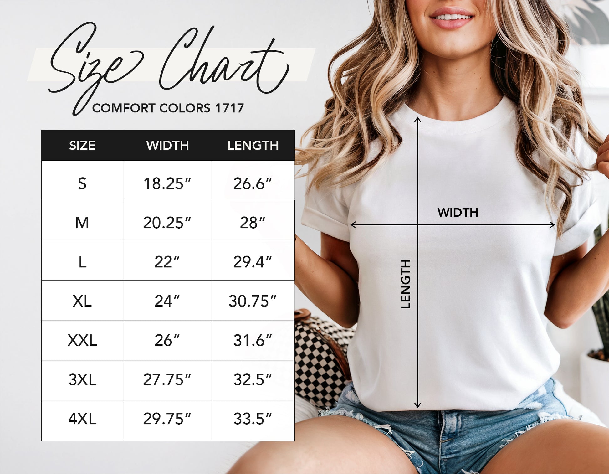 The image is a size chart for a white t-shirt, with a woman posing in front of it. The chart provides measurements for different sizes, including S, M, L, XL, XXL, and 4XL, along with corresponding widths and lengths.