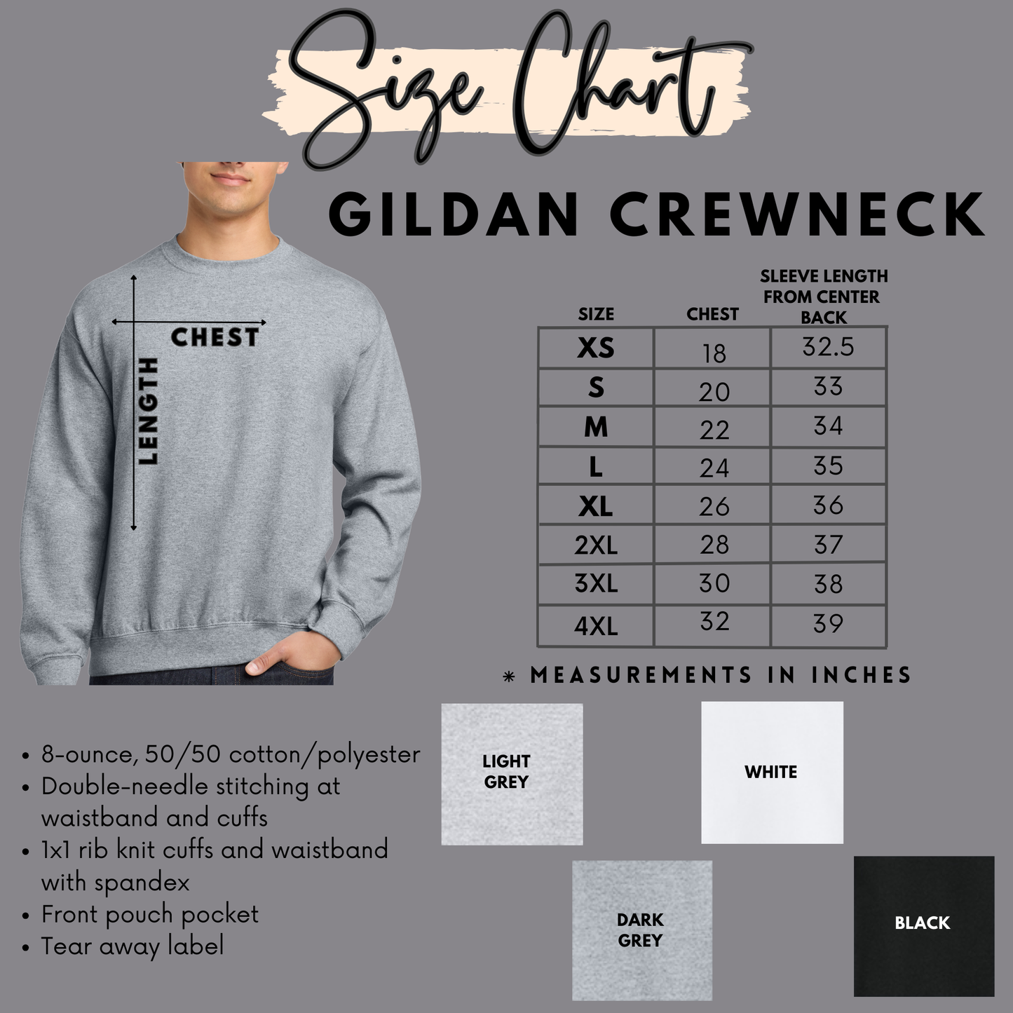 The image is a size chart for a GILDA CREWNEACK crew neck sweatshirt. It provides measurements in inches for different chest sizes, including 8-ounce, 50/50 cotton/polyester, 1/2 rib cuffs and cuffs, 1/1 rib cuffs and waistband with spindex, front pouch pocket, and tear-away label. The chart also includes a diagram of the crew neck and chest measurements.