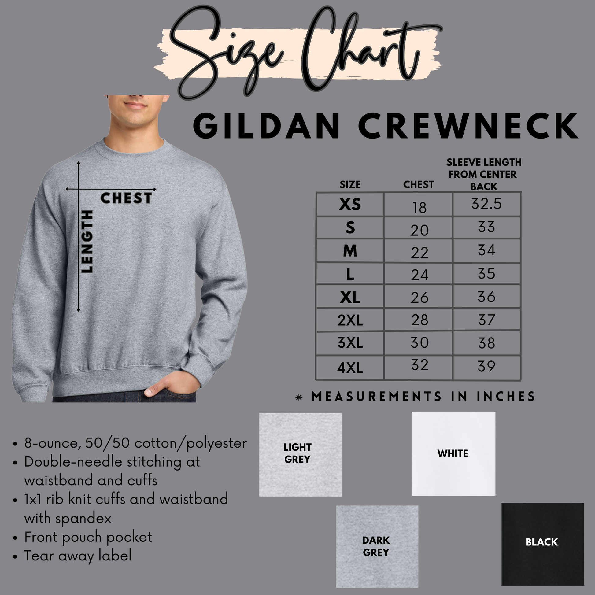 The image is a size chart for a GILDA CREWNEACK crew neck sweatshirt. It provides measurements in inches for different chest sizes, including 8-ounce, 50/50 cotton/polyester, 1/2 rib cuffs and cuffs, 1/1 rib cuffs and waistband with spindex, front pouch pocket, and tear-away label. The chart also includes a diagram of the crew neck and chest measurements.