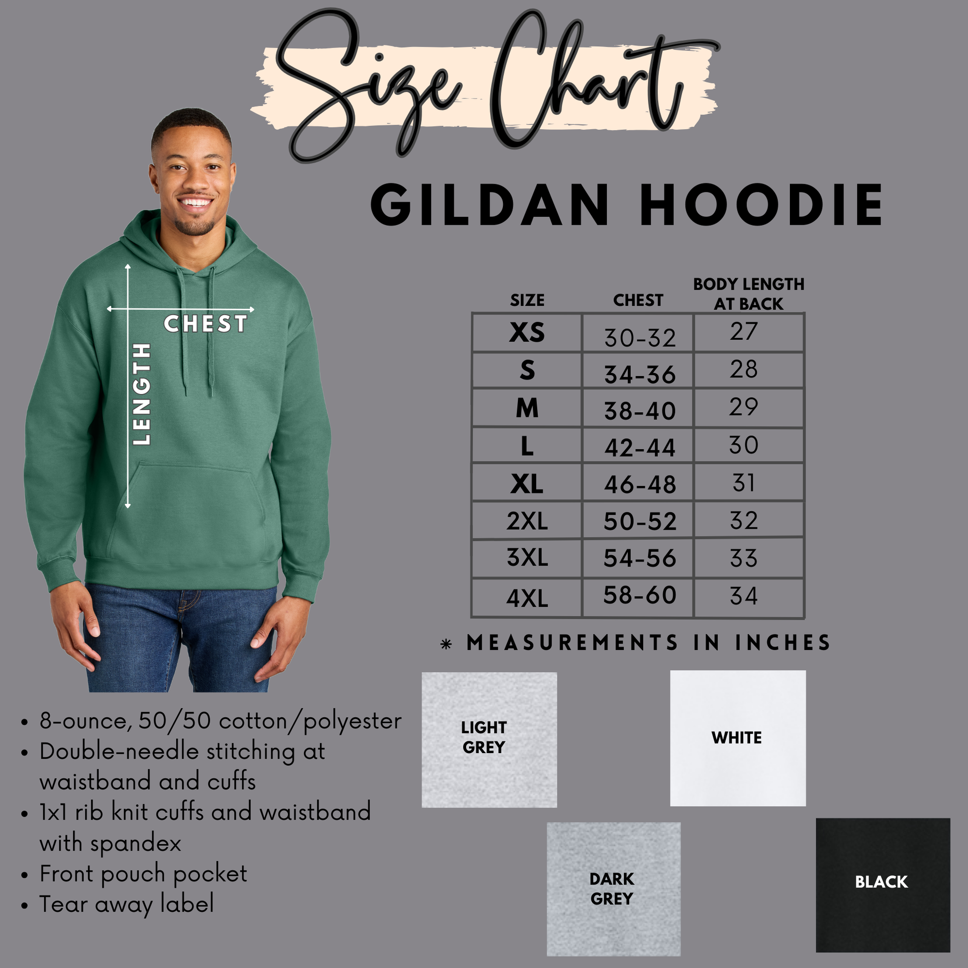 The image is a size chart for a GILDA hoodie, showing measurements and corresponding colors for different body lengths.