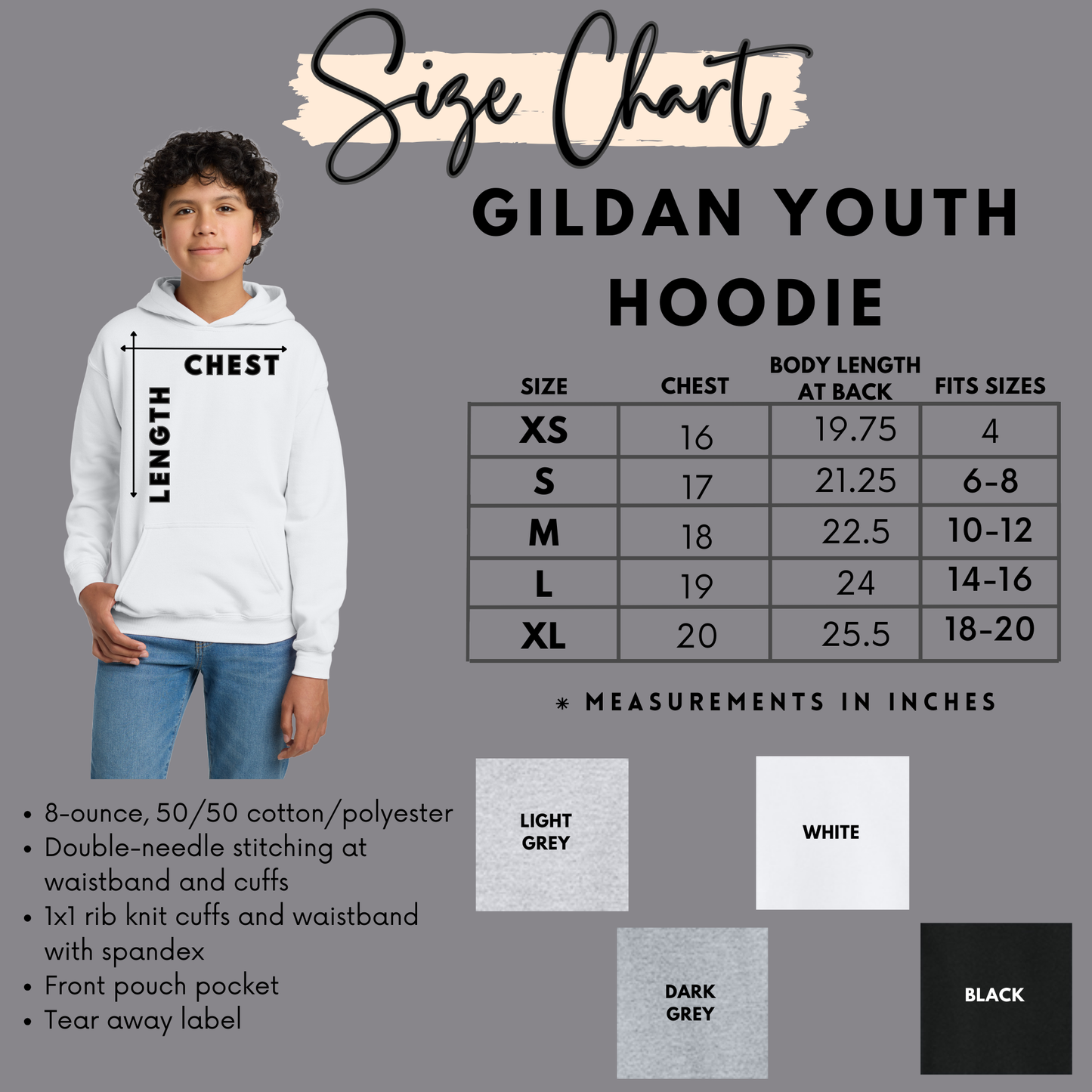 The image is a size chart for a GILDA youth hoodie, providing measurements and corresponding sizes for different body lengths.