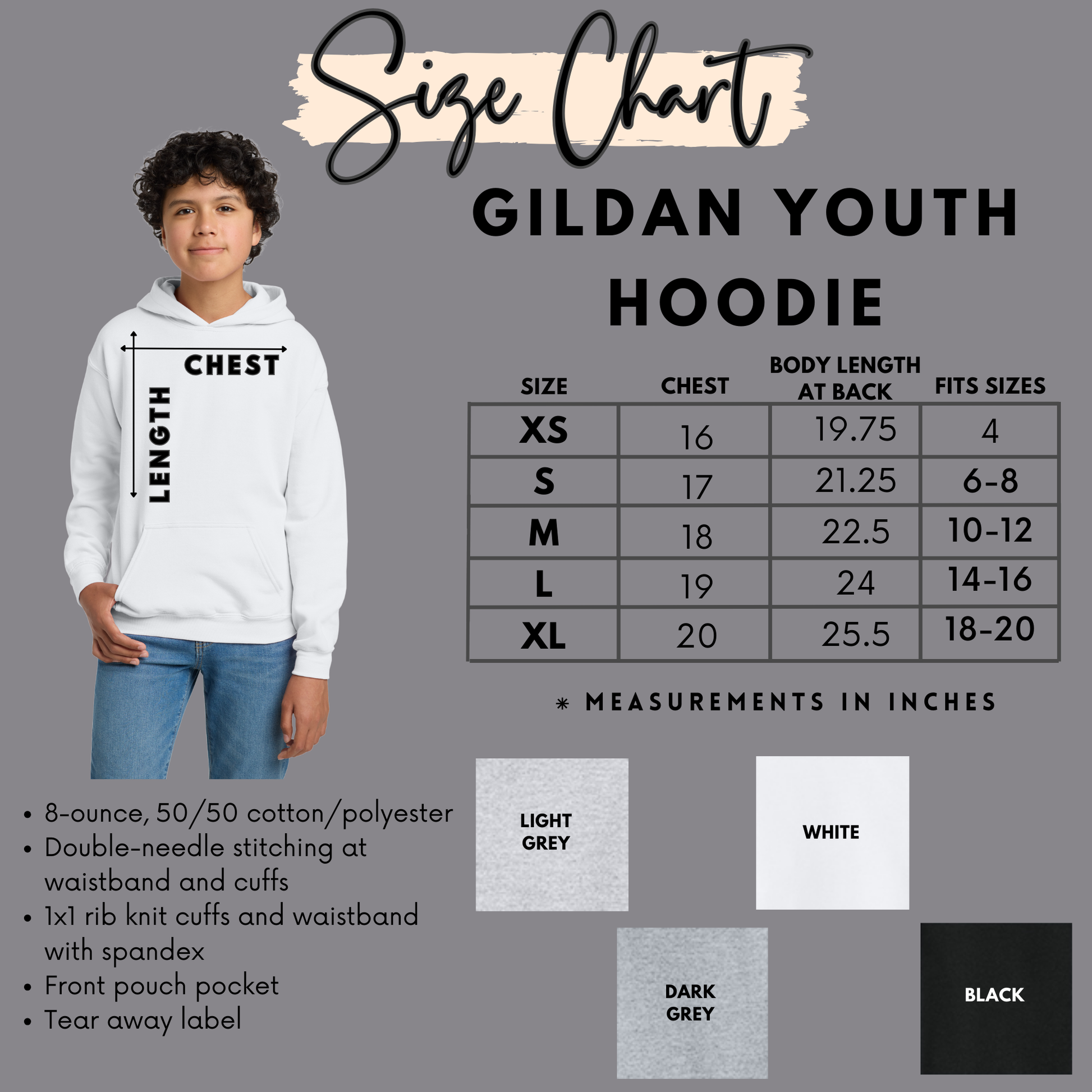 The image is a size chart for a GILDA youth hoodie, providing measurements and corresponding sizes for different body lengths.